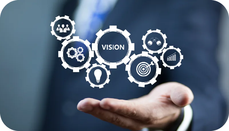 Interlocking gears labelled Vision above an open hand